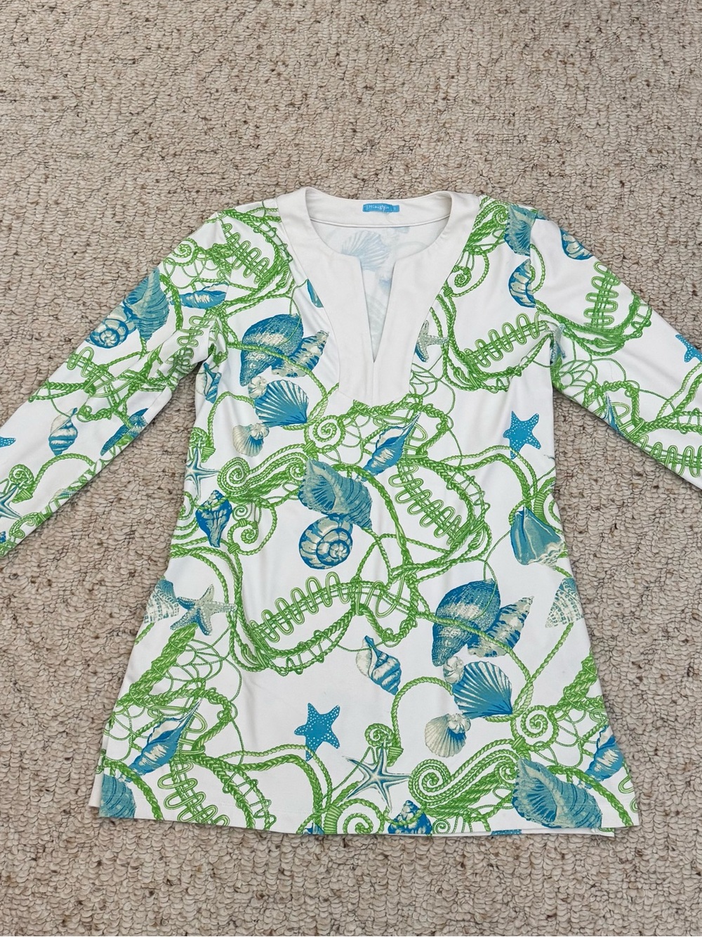 J. McLaughlin Size Small White Tunic with Blue Shell Print and Green Rope Detail